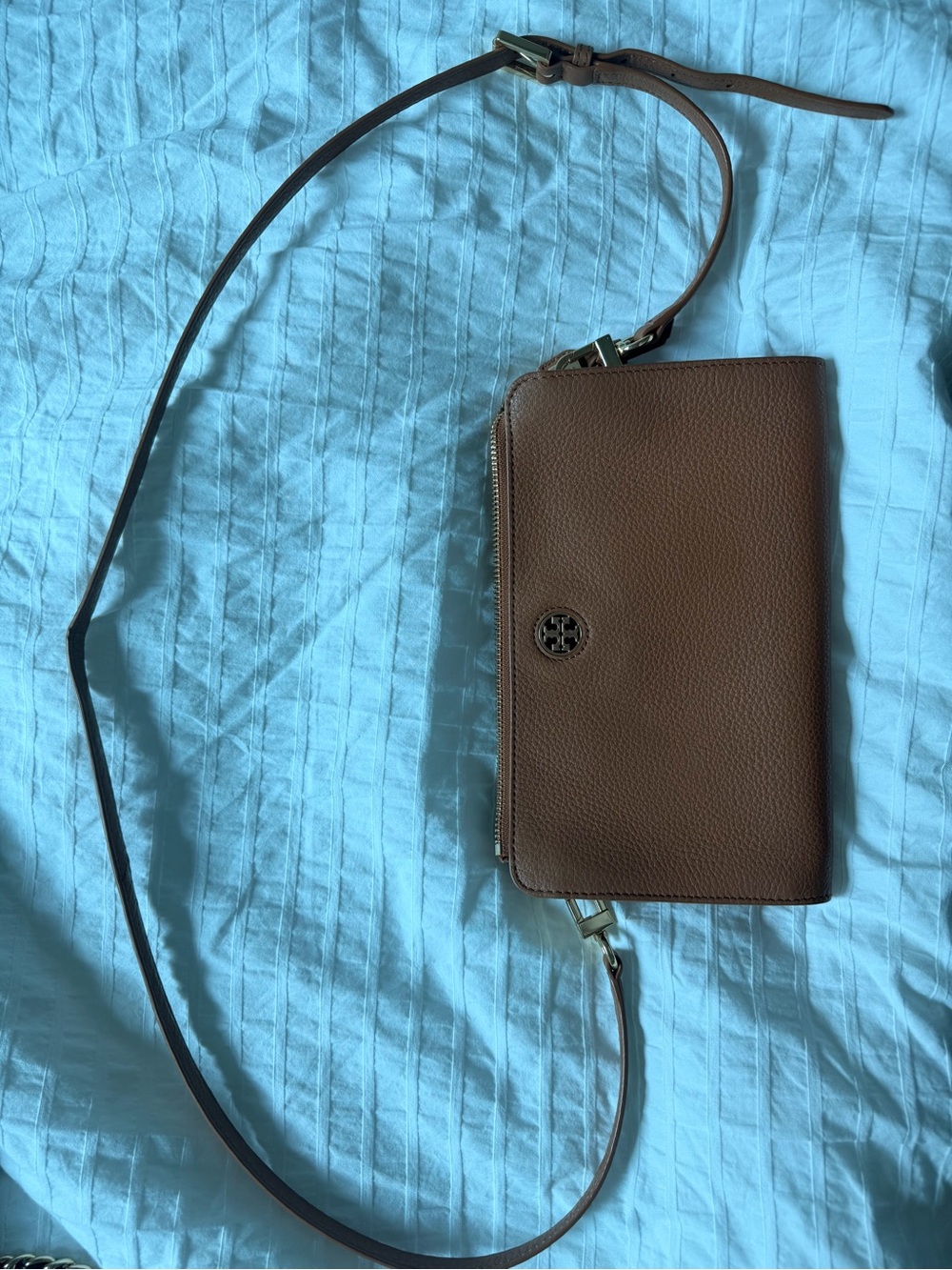 Tory Burch Brown Logo-Print Leather Zip Wallet Crossbody